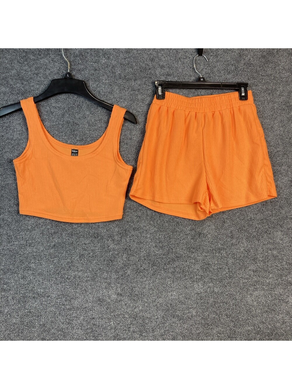 Shein Womens Size Small Orange Ribbed Crop Tank Top & High Rise Shorts Set EUC